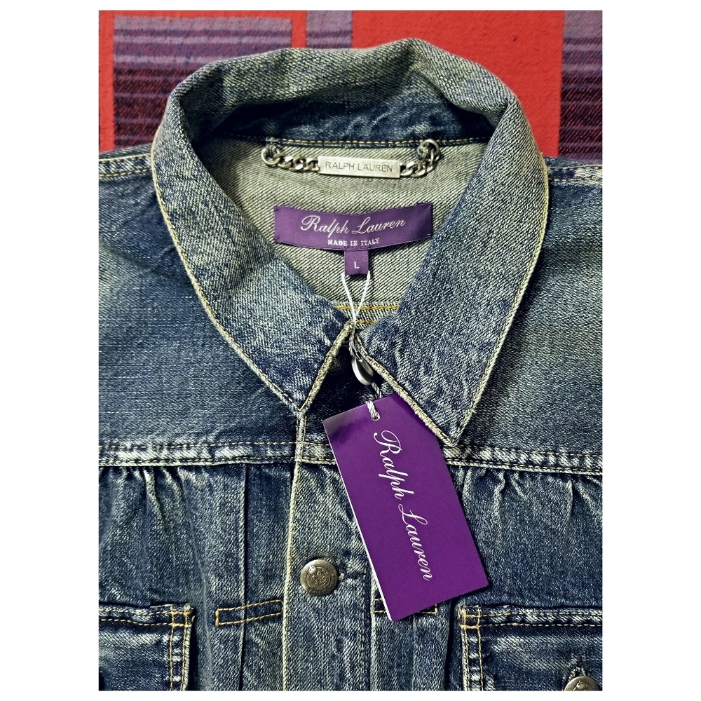☆NWT☆RALPH LAUREN PURPLE LABEL DISTRESSED DENIM JACKET- WOMEN'S SIZE LARGE - Picture 10 of 13